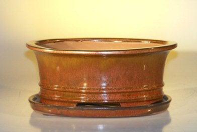 Aztec Orange Ceramic Bonsai Pot - Oval Professional Series with Attached Humidity/Drip tray 10.75" x 8.5" x 4.125"