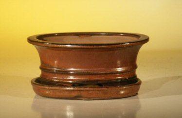 Aztec Orange Ceramic Bonsai Pot - Oval Professional Series with Attached Humidity/Drip tray 6.37" x 4.75" x 2.625"