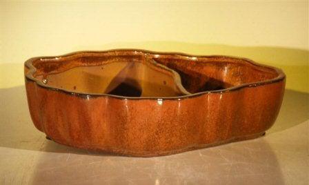 Aztec Orange Ceramic Bonsai Pot - Oval with Scalloped Edges - Land/Water Divider 9.5" x 7.5" x 2.25"