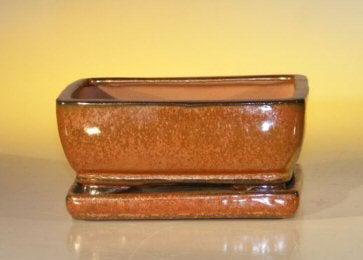 Aztec Orange Ceramic Bonsai Pot - Rectangle With Attached Humidity/Drip tray 6.37" x 4.75" x 2.625"