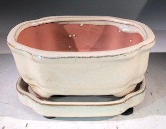 Beige Ceramic Bonsai Pot -Rectangle With Humidity Drip Tray 6" x 5" x 2.5"