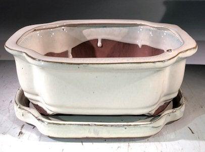 Beige Ceramic Bonsai Pot - Rectangle With Humidity Drip Tray 8" x 6" x 3"