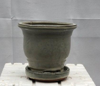 Beige Ceramic Bonsai Pot - Round With Humidity Drip Tray 5.75" x 5.75" x 5.5"