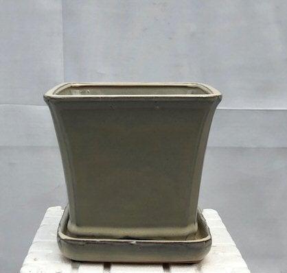 Beige Ceramic Bonsai Pot Square With Attached Humidity / Drip Tray 7.5" x 7.5" x 7.0"