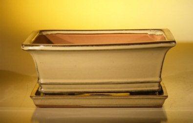 Beige Rectangle Ceramic Bonsai Pot Professional Series with Attached Humidity/Drip tray 10.75" x 8.5" x 4.125"