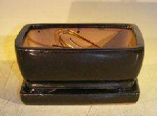 Black Ceramic Bonsai Pot - Rectangle Professional Series with Attached Humidity/Drip Tray 6.37" x 4.75" x 2.625"