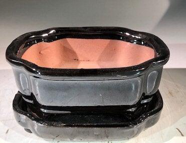 Black Ceramic Bonsai Pot -Rectangle With Humidity Drip Tray 6" x 4.5" x 2.5"