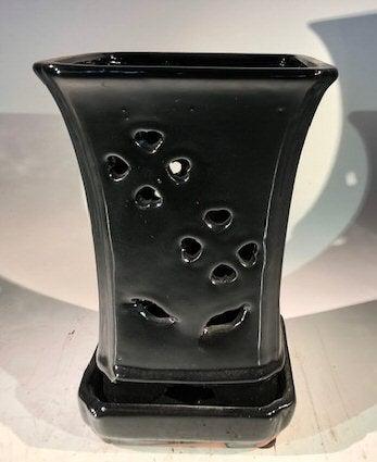 Black Ceramic Orchid Pot - Square With Attached Humidity Drip Tray 6.5" x 6.5" x 9"