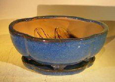 Blue Ceramic Bonsai Pot- Lotus Shape Attached Humidity/Drip Tray Professional Series 10.5" x 9.0" x 5.0"