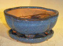 Blue Ceramic Bonsai Pot- Lotus Shape Professional Series with Attached Humidity/Drip Tray 6.37" x 4.75" x 2.625