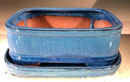 Blue Ceramic Bonsai Pot - Rectangle With Humidity Drip Tray 7" x 5.5" x 3"