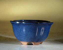 Blue Glazed Ceramic Bonsai Pot - Round, Lotus Style 5.0" x 2.75"