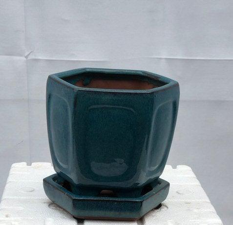 Blue / Green Ceramic Bonsai Pot - Hexagon With Humidity Drip Tray 5.5" x 5.5" x 5.5"
