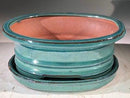 Blue / Green Ceramic Bonsai Pot -Oval With Humidity Drip Tray 7" x 5.5" x 3"