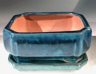 Blue / Green Ceramic Bonsai Pot - Rectangle With Humidity Drip Tray 6" x 4.5" x 3"