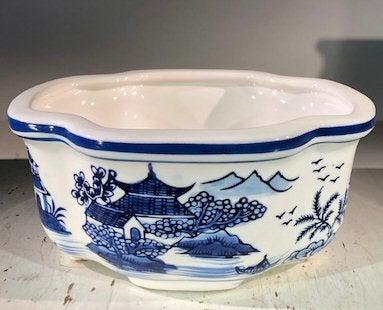 Blue on White Porcelain Bonsai Pot - Rectangle 8.5" x 6.5" x 4"