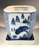 Blue on White Porcelain Bonsai Pot - Square With Attached Humidity Drip Tray 4" x 4" x 4""