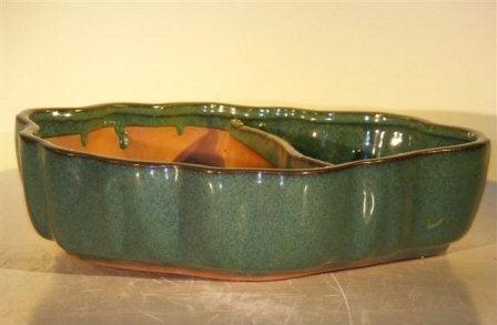 Blue/Green Ceramic Bonsai Pot with Scalloped Edges - Land/Water Divider 9.5" x 7.5" x 2.25"