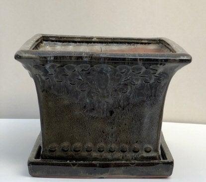 Ceramic Marbled Brown Bonsai Pot - Square With Humidity / Drip Tray 8.0" x 8.0" x 5.75"