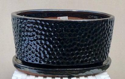 Crackle Black Ceramic Bonsai Pot - Oval With Humidity / Drip Tray 10.5" x 8.25" x 4.75"