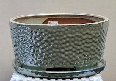 Crackle Pearl Ceramic Bonsai Pot - Oval With Humidity / Drip Tray 10.5" x 8.25" x 4.75"