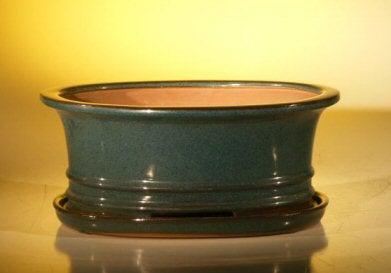 Dark Moss Green Ceramic Bonsai Pot - Oval Professional Series with Attached Humidity/Drip Tray 10.75" x 8.5" x 4.125"