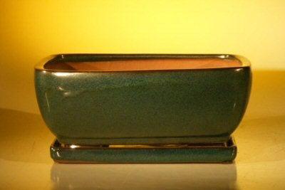 Dark Moss Green Ceramic Bonsai Pot - Rectangle Professional Series with Attached Humidity/Drip Tray 10.75" x 8.5" x 4.125"