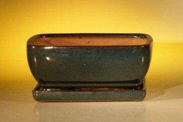 Dark Moss Green Ceramic Bonsai Pot - Rectangle Professional Series with Attached Humidity/Drip tray 8.5" x 6.5" x 3.5"