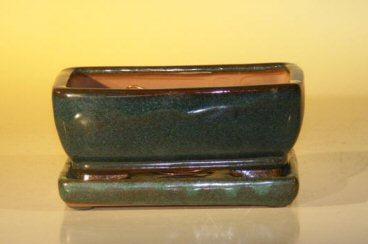 Green Ceramic Bonsai Pot With Attached Humidity/Drip tray - Professional Series Rectangle 6.37" x 4.75" x 2.625"