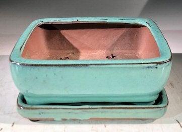 Light Blue Ceramic Bonsai Pot -Rectangle With Humidity Drip Tray 6" x 4.5" x 2.5"