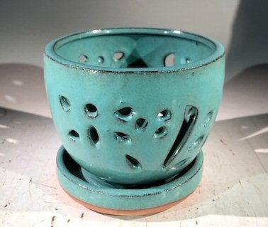 Light Blue Ceramic Orchid Pot - Round With Attached Humidity Drip Tray 6.5" x 6.5" x 5.5"