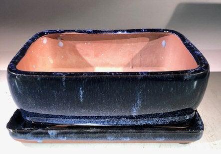 Marble Blue Ceramic Bonsai Pot - Rectangle With Humidity Drip Tray 8" x 6" x 3"