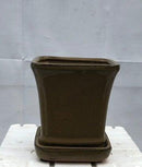 Olive Green Ceramic Bonsai Pot Square With Attached Humidity / Drip Tray 5.25" x 5.25" x 5.5"