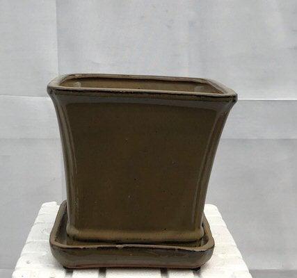 Olive Green Ceramic Bonsai Pot Square With Attached Humidity / Drip Tray 7.5" x 7.5" x 7.0"