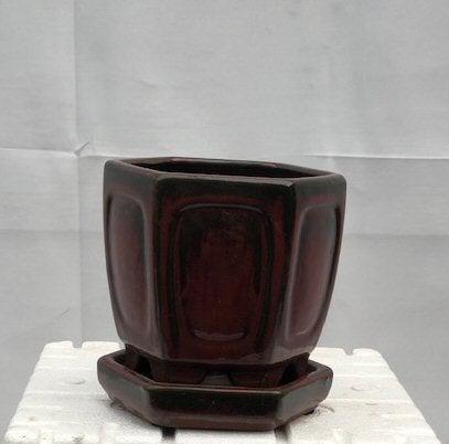 Parisian Red Ceramic Bonsai Pot - Hexagon With Humidity Drip Tray 5.5" x 5.5" x 5.5"
